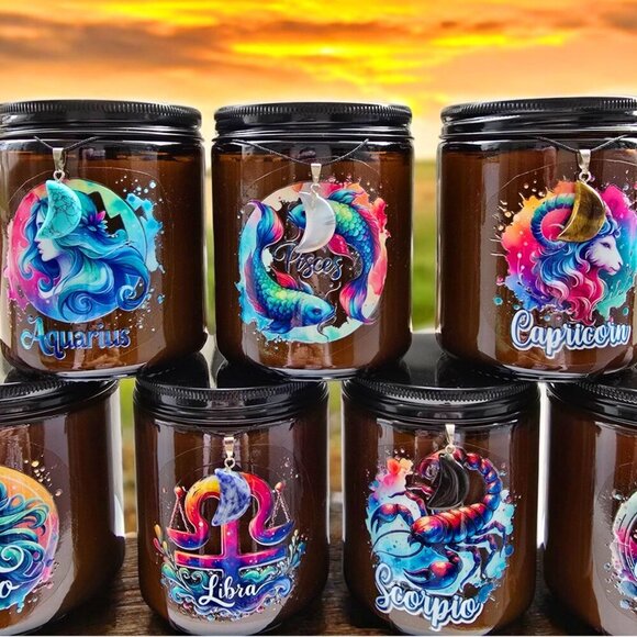 Zodiac Crystal Candle ✦ Soy Wax ✦ Hidden Crystal & Moon Necklace ✦ Wooden Wick - Picture 9 of 16